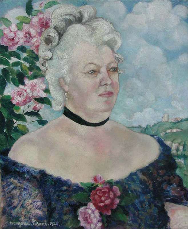 Portrait de Femme sur Fond de Paysage et de Roses